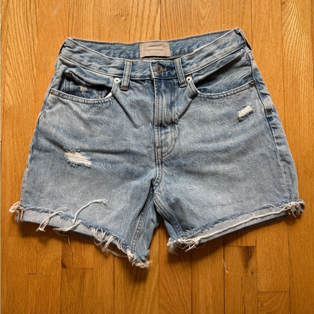 Everlane The Denim Short Organic Cotton Light Blue Distressed 5” Inseam